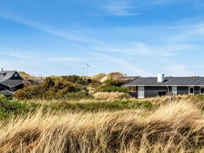 Ein Küstengebäude mit dunklem Dach, umgeben von hohem Gras und Dünen.