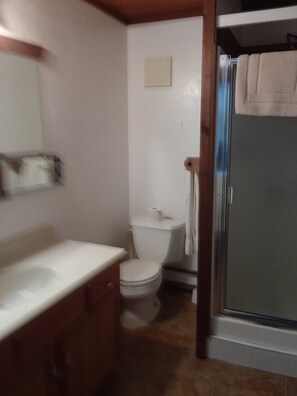 Shower, towels, soap, toilet paper