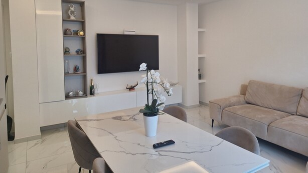Ein modernes Wohnzimmer mit Flachbildfernseher, Esstisch mit Stühlen, einer Couch und einer Zimmerpflanze.