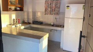 Una cocina con estufa a gas, lavamanos, refrigerador y armarios de madera.