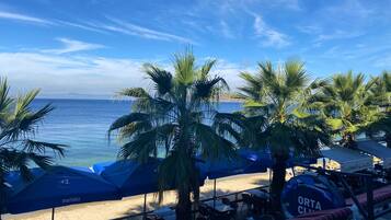 A beachside restaurant with outdoor seating, palm trees, and a view of the ocean.