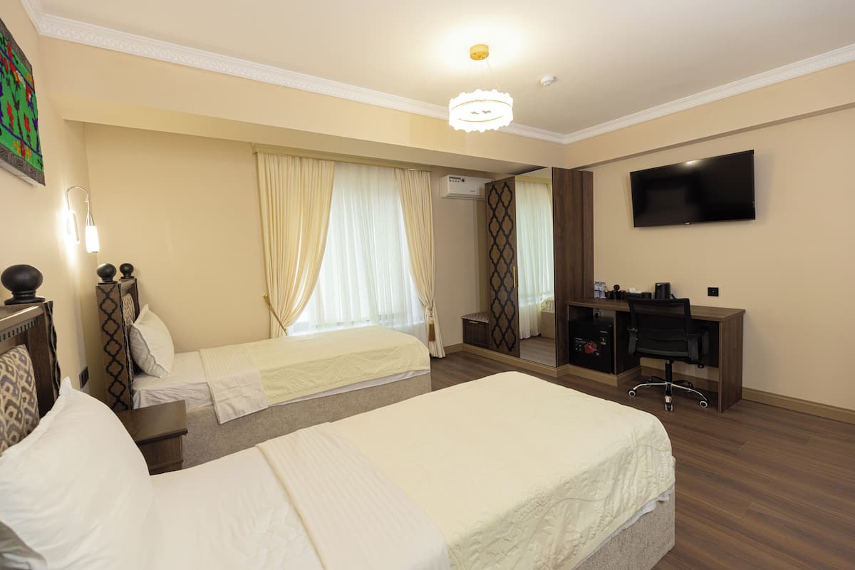 Une chambre d’hôtel avec deux lits, un bureau, une télévision et un miroir.