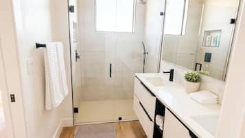 Hair dryer, towels, soap, shampoo