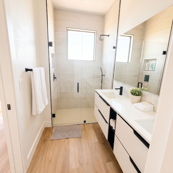 Hair dryer, towels, soap, shampoo