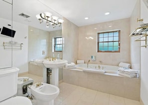 Douche, baignoire à remous, séchoir à cheveux, bidet