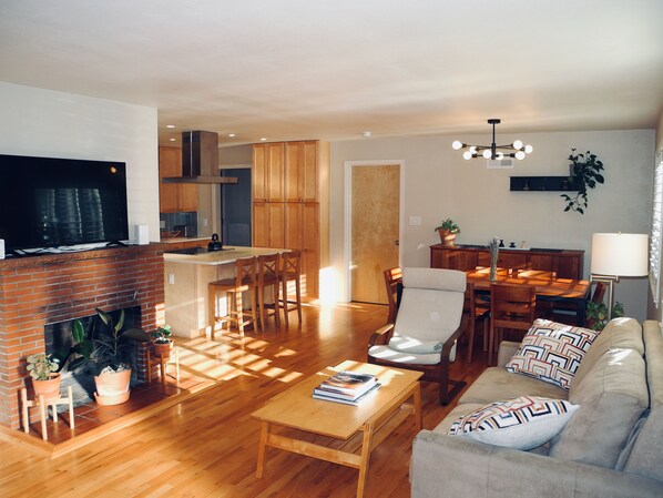 Smart TV, fireplace, books
