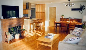 Smart TV, fireplace, books