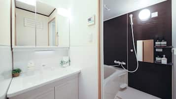 Hair dryer, bidet, towels, soap