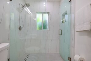 Regadera, secadora de cabello, toallas, shampoo 