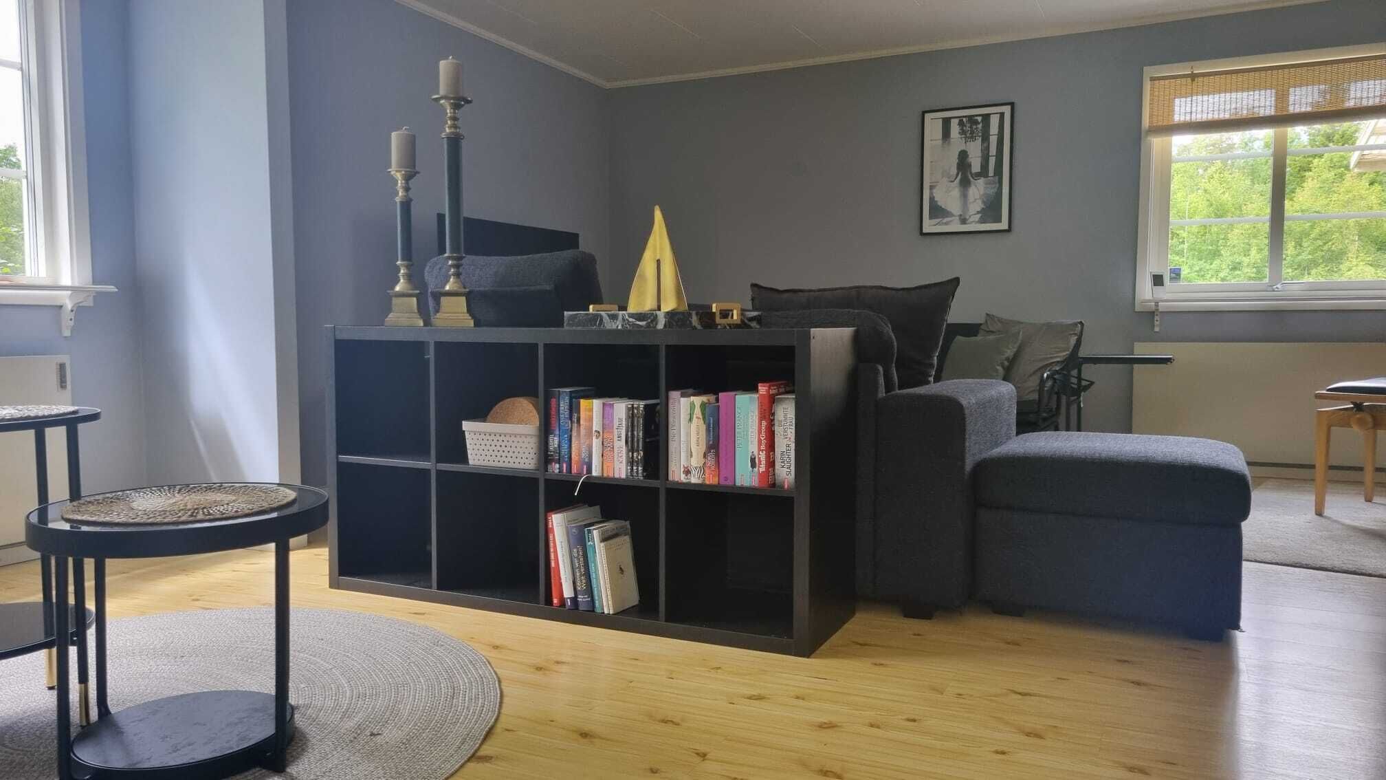A living room with a dark-colored sofa, a black bookshelf, a small round table, and a window with a view of greenery.