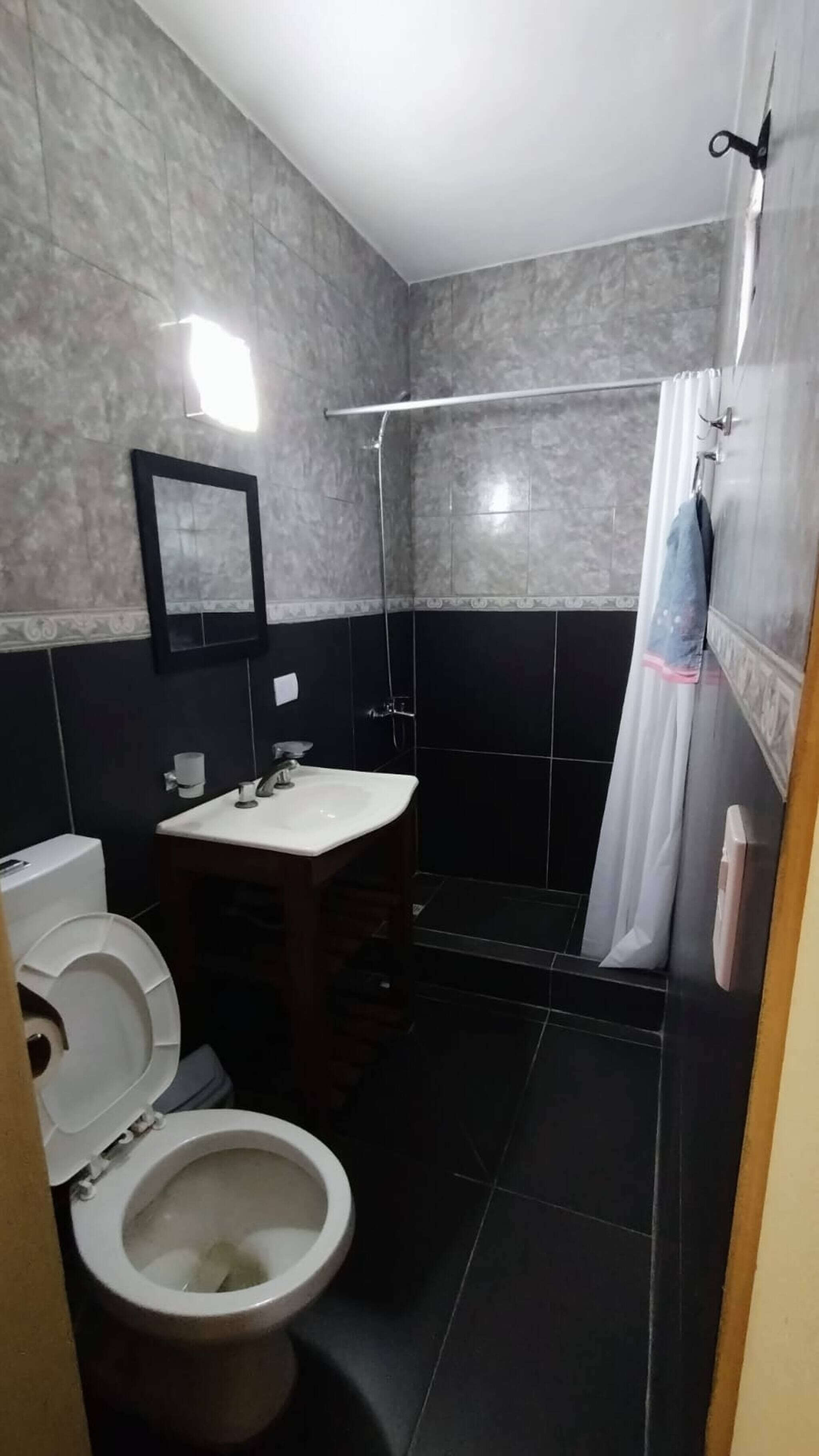 A bathroom with a toilet, sink, shower, and a mirror.