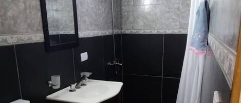 A bathroom with a toilet, sink, shower, and a mirror.