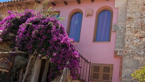 Un bâtiment rose avec des marches en pierre et un arbre aux fleurs violettes.