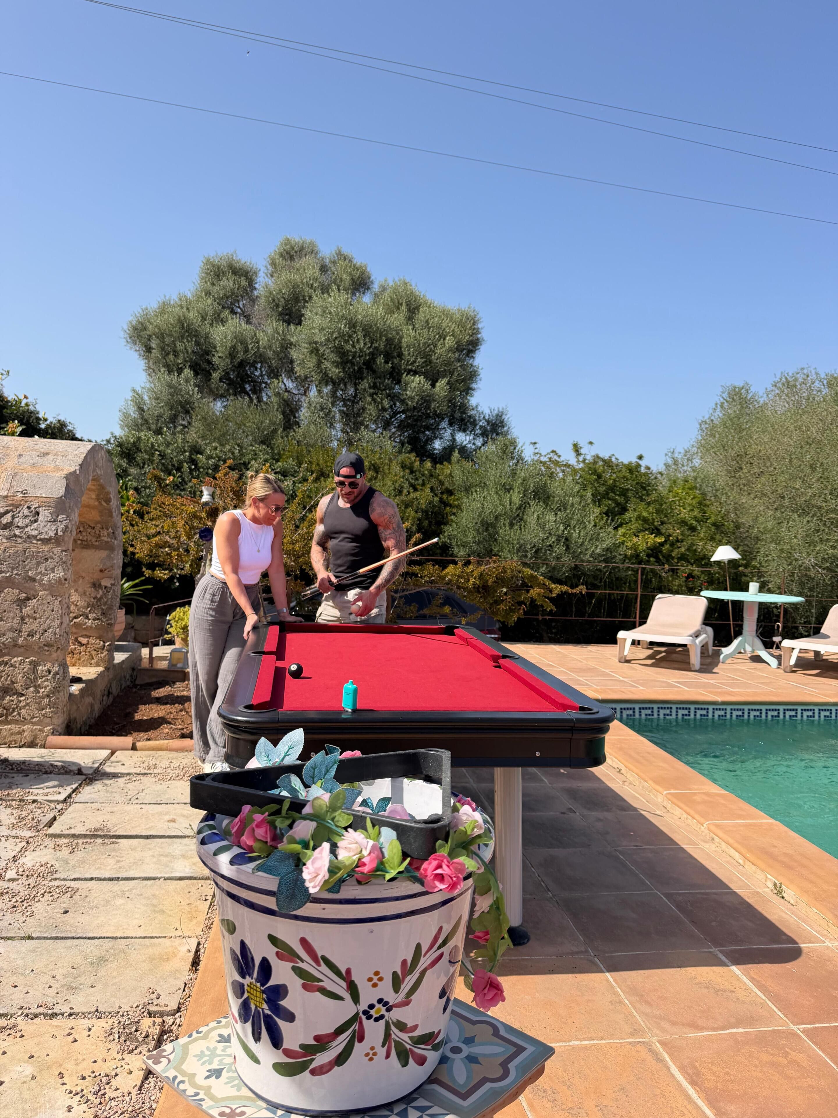 Une table de billard, avec un pot décoré de motifs floraux devant, un mur en pierre et une piscine en arrière-plan.