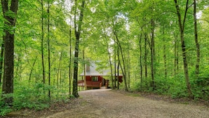 A cabin surrounded by a forest with a gravel path leading to it. - Memory Ridge Retreat, Sleeps 8, Walking Distance to Old Man's Cave (Logan)