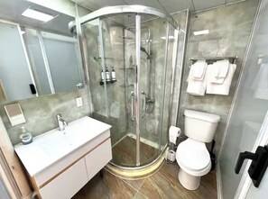 Shower, hair dryer, towels, soap
