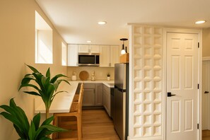 Fridge, microwave, coffee/tea maker, toaster