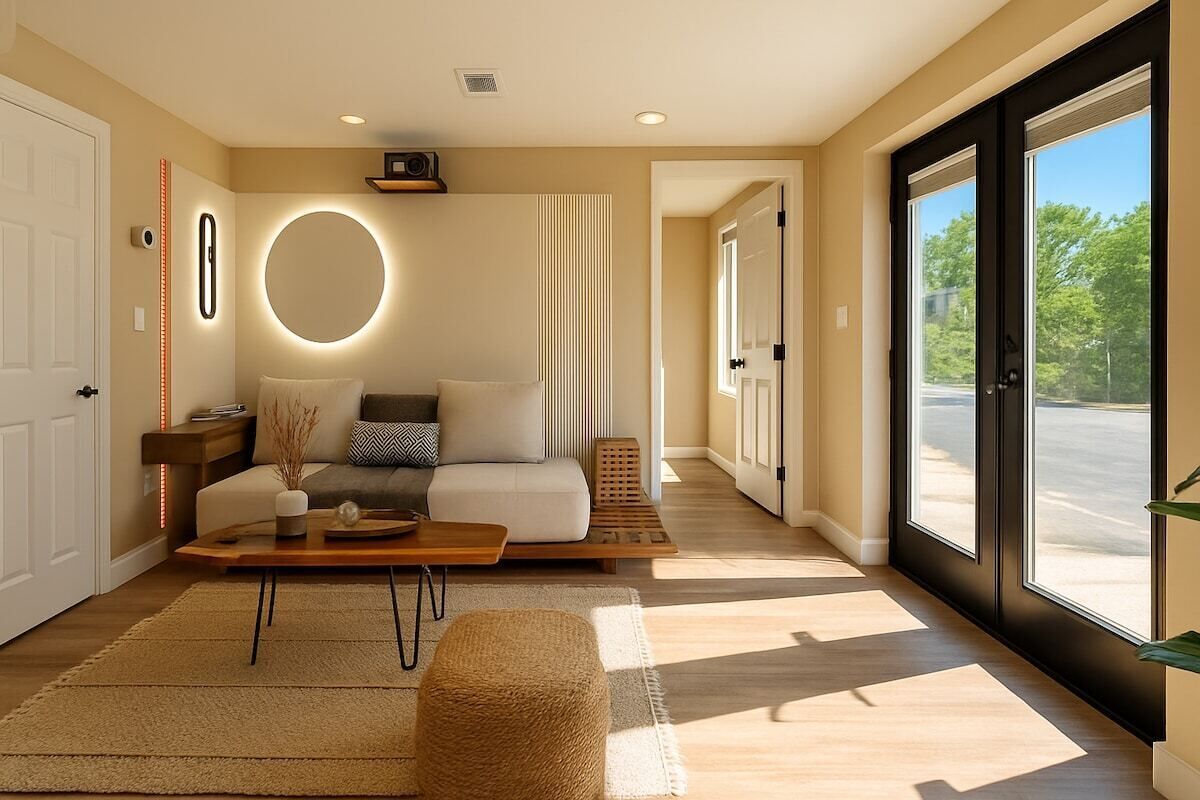 A modern living room with a sofa, coffee table, and a large window.