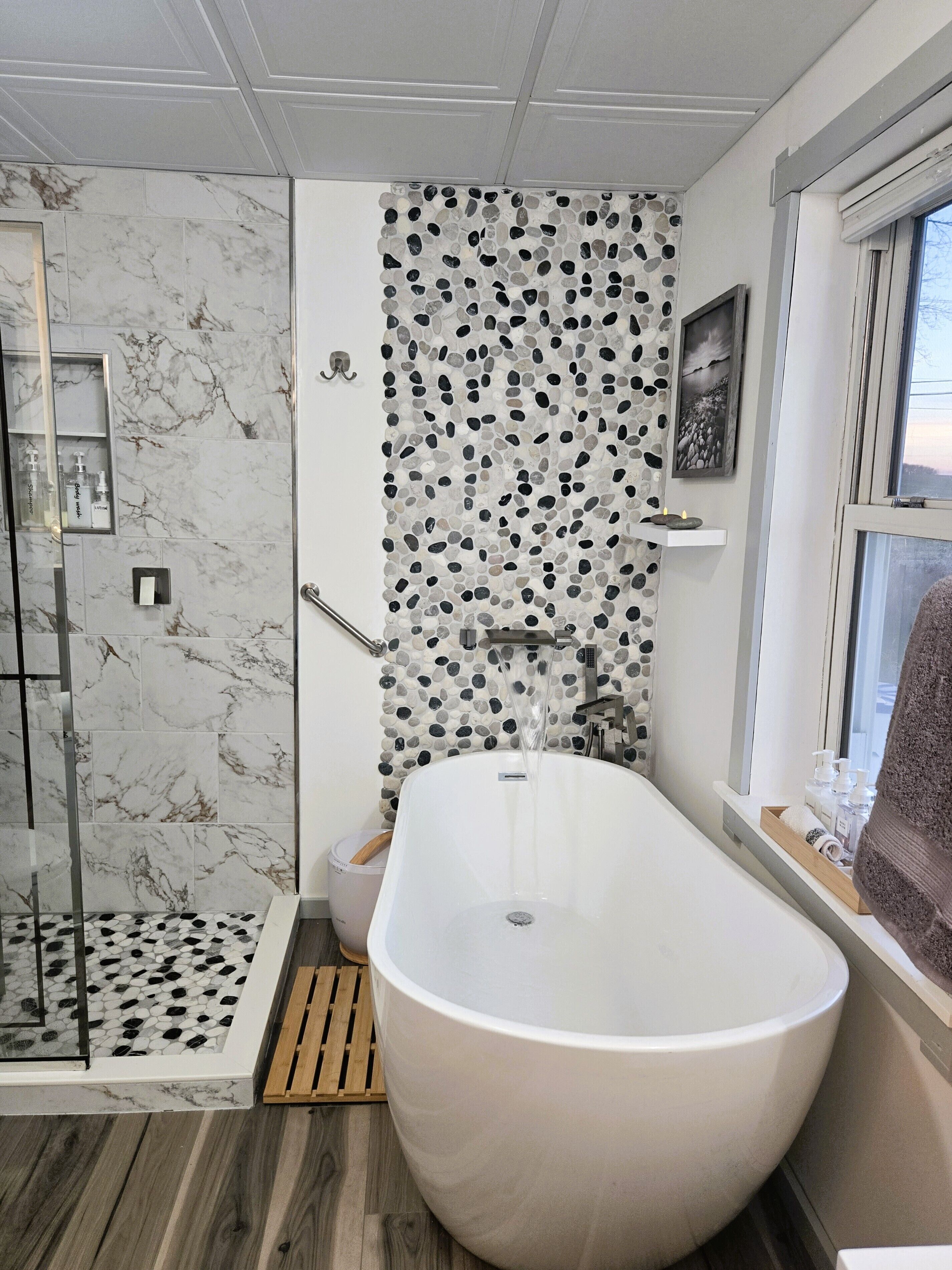 Hair dryer, towels, soap, shampoo