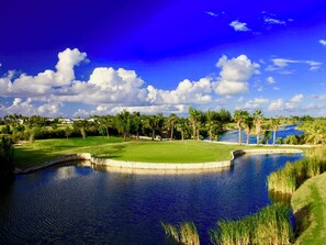 Ein Golfplatz mit Teich, Palmen und blauem Himmel.