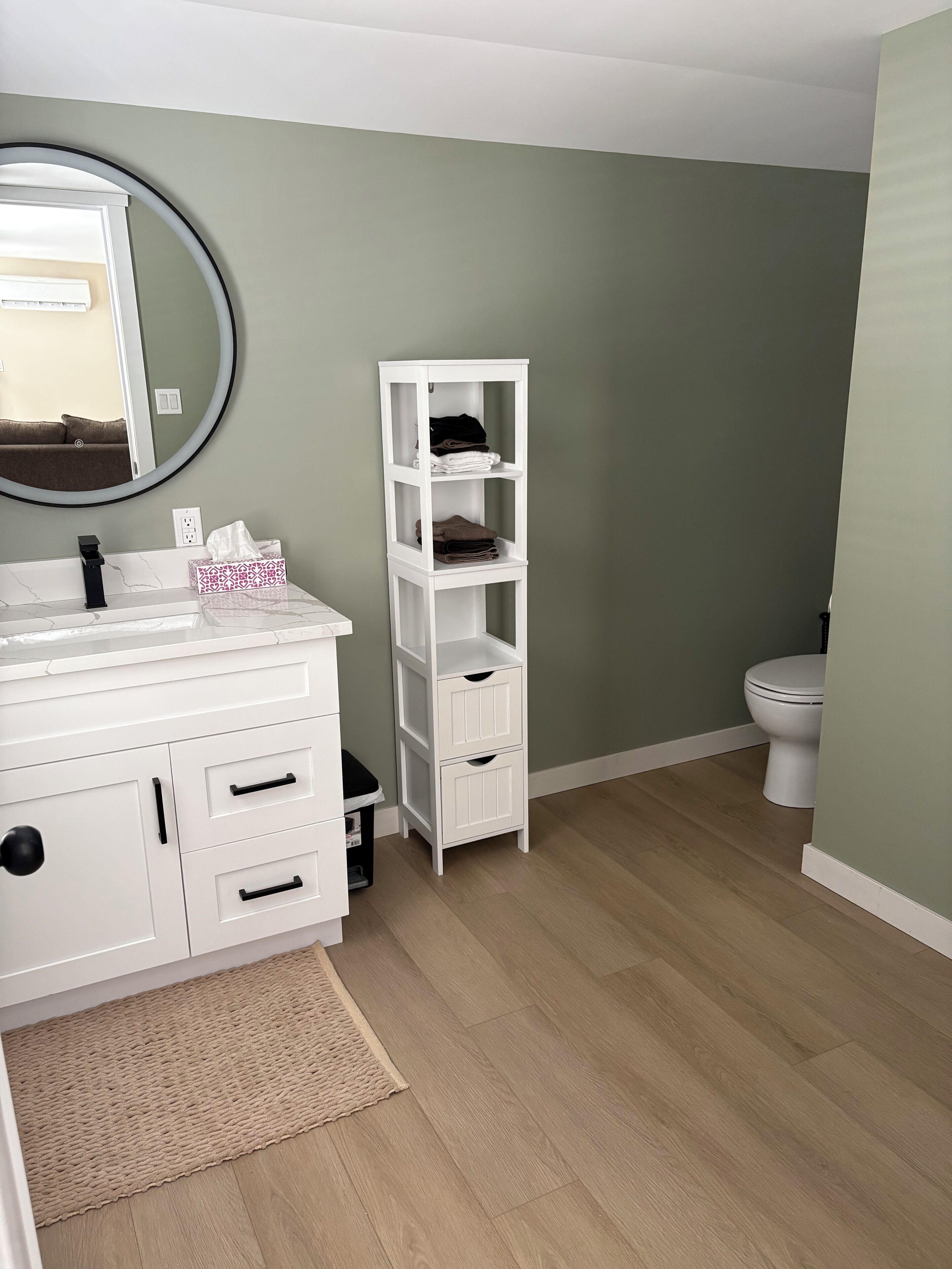 A bathroom with a white vanity, a mirror, a toilet, and a white shelving unit.