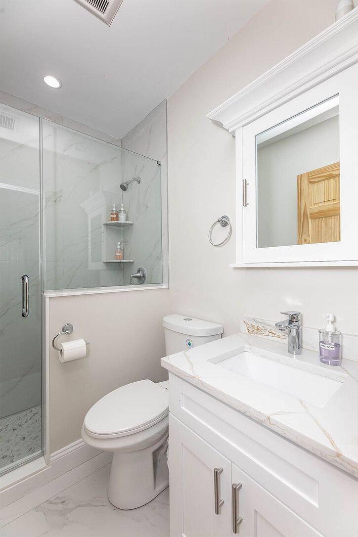 Hair dryer, towels, soap, shampoo