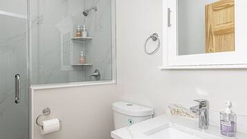 Hair dryer, towels, soap, shampoo