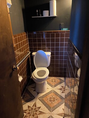 Ein Badezimmer mit Toilette, Ablagefläche für Pflegeprodukte und gefliestem Boden mit Muster.