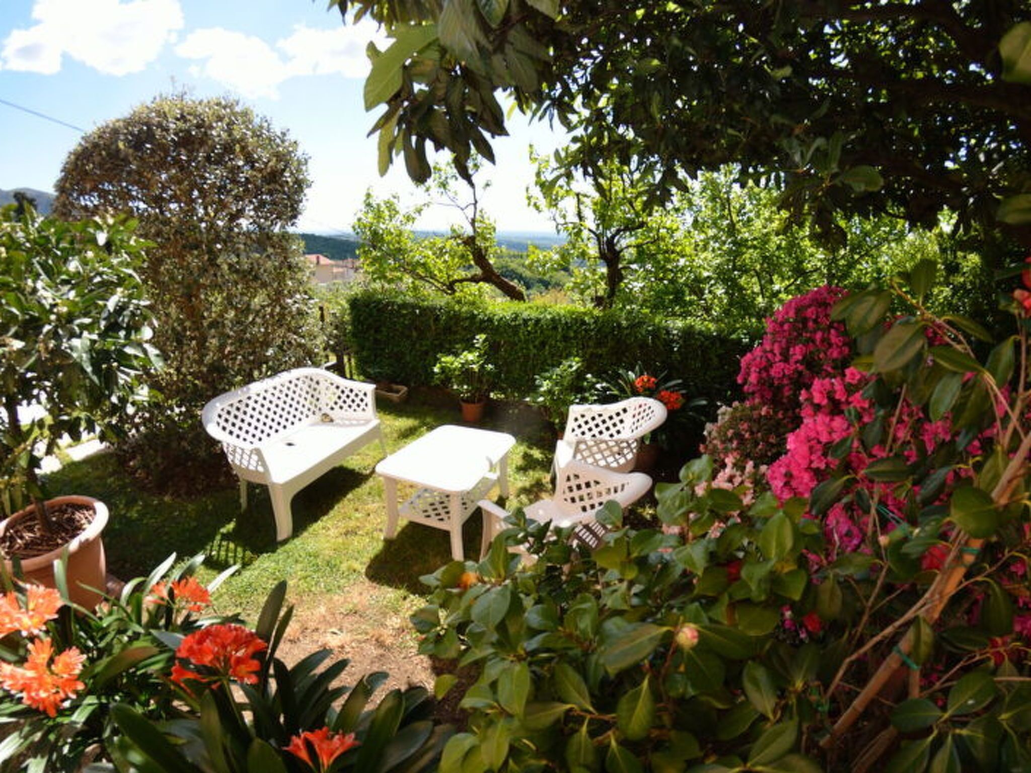 Un jardin agrémenté de meubles d’extérieur blancs, offrant une vue sur la mer et abritant diverses plantes.