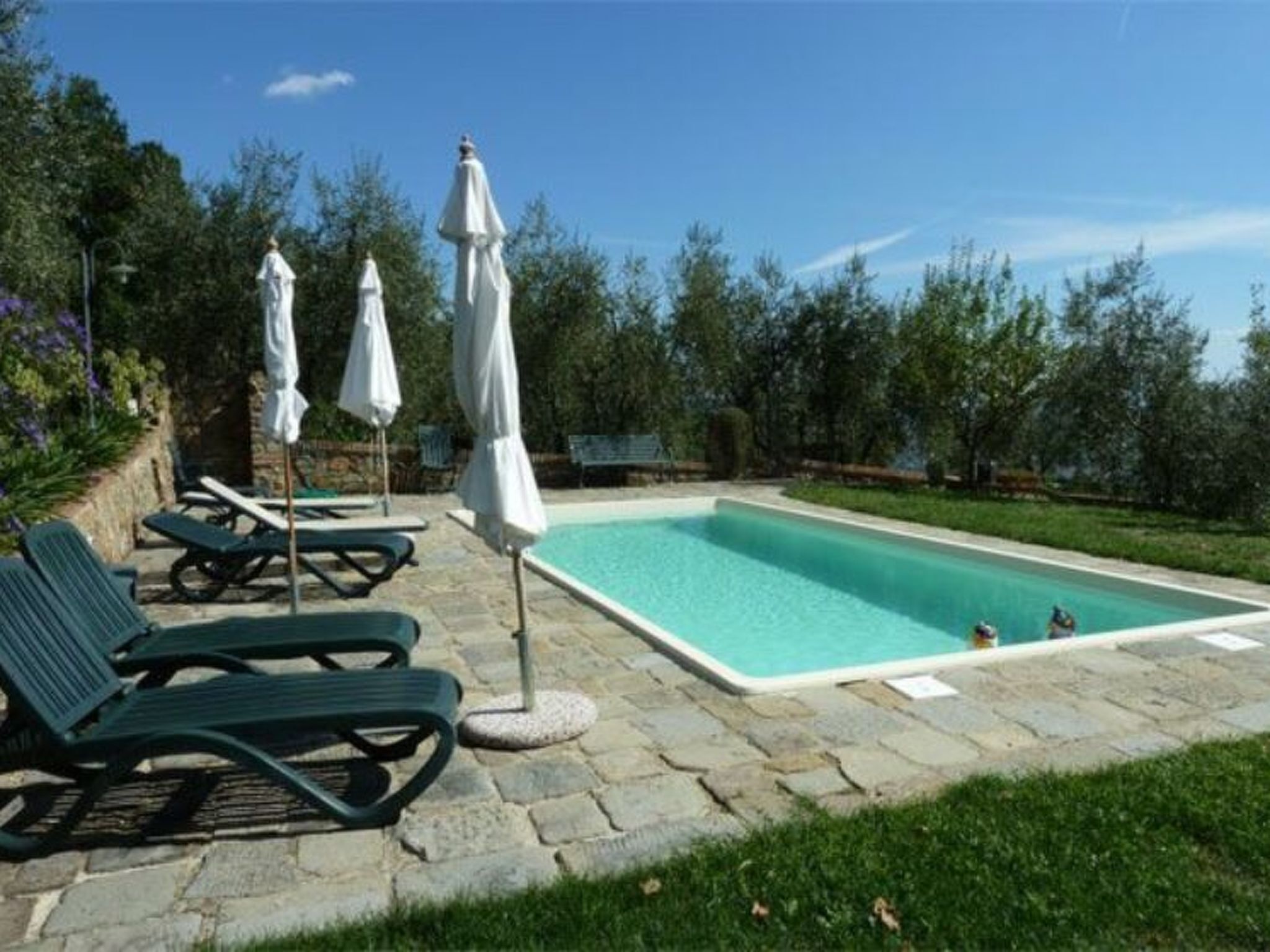 Una piscina con lettini e ombrelloni, circondata da piastrelle in pietra e vegetazione.
