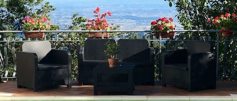 A poolside area with wicker chairs and potted plants, overlooking a body of water and distant mountains.