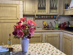 A kitchen with wooden cabinets, a sink, and a vase with flowers on the counter. - Casa Max by Interhome (Capannori)