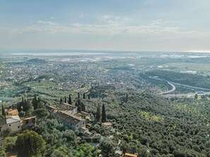 Ein weiter Panoramablick auf eine Stadt mit einer Mischung aus Wohn- und Gesch äftsgebäuden, umgeben von Grünflächen und einem Fluss.
