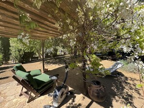 A covered outdoor seating area with a green sofa, a stationary exercise bike, and a large pot. - Il Cantuccio Proprietà by Interhome (Colognora)