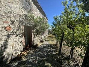 A stone building with a door, a small garden area with a tree, and a clear sky. - Il Cantuccio by Interhome (Colognora)