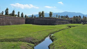 Un campo cubierto de césped con un pequeño arroyo y un muro de piedra.