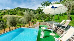 Una piscina con un pontile in legno, lettini e un ombrellone.