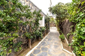 Un estrecho sendero de piedra bordeado de exuberante vegetación y muros de piedra, que conduce a un edificio con fachada blanca.