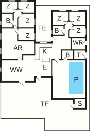 Ein Grundriss mit beschrifteten Räumen, darunter Z, B, AR, TE, WW, K, E, T, WR, P und S.