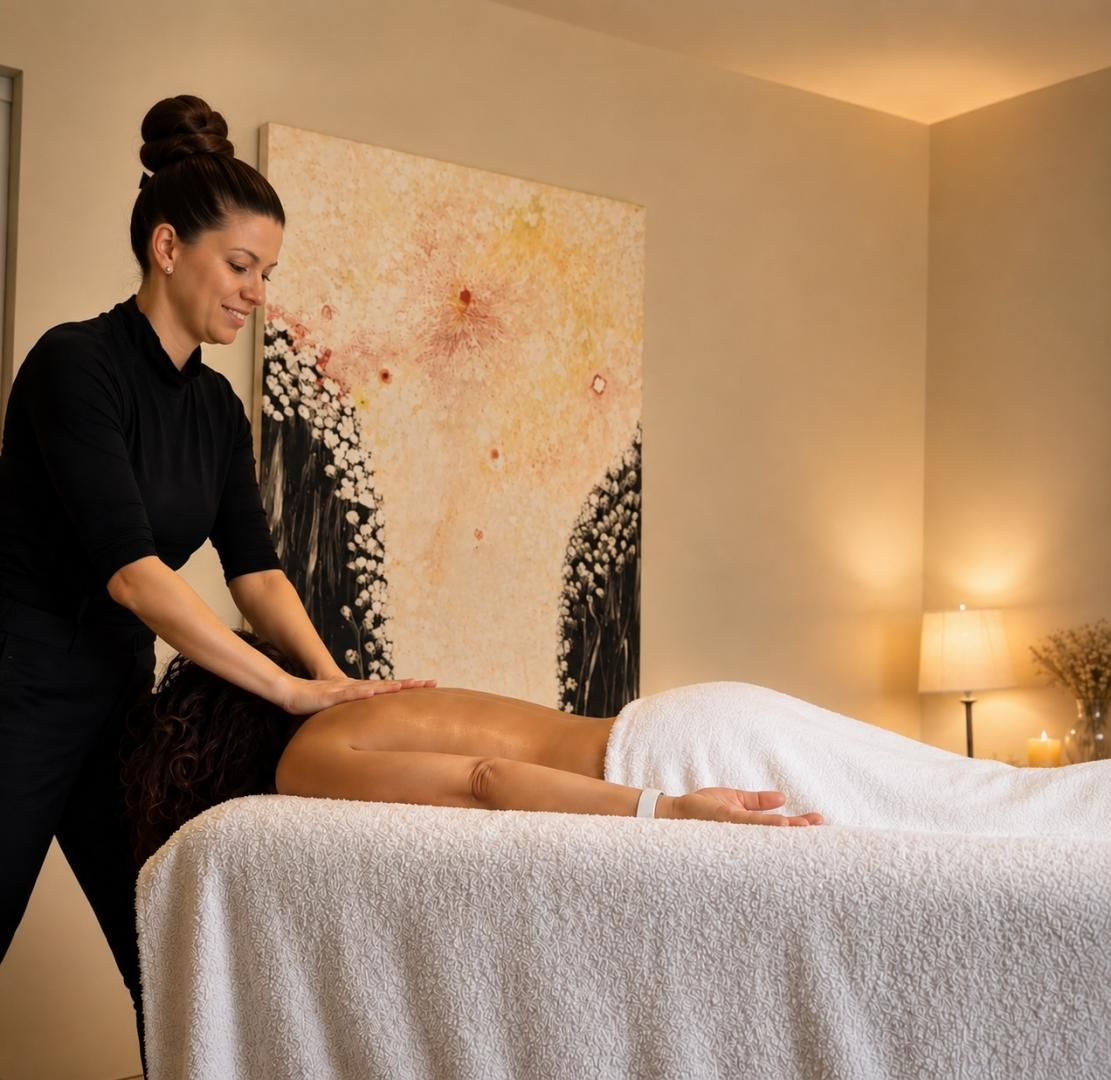 A massage therapy session in a room with a large floral painting on the wall and a lamp in the corner.