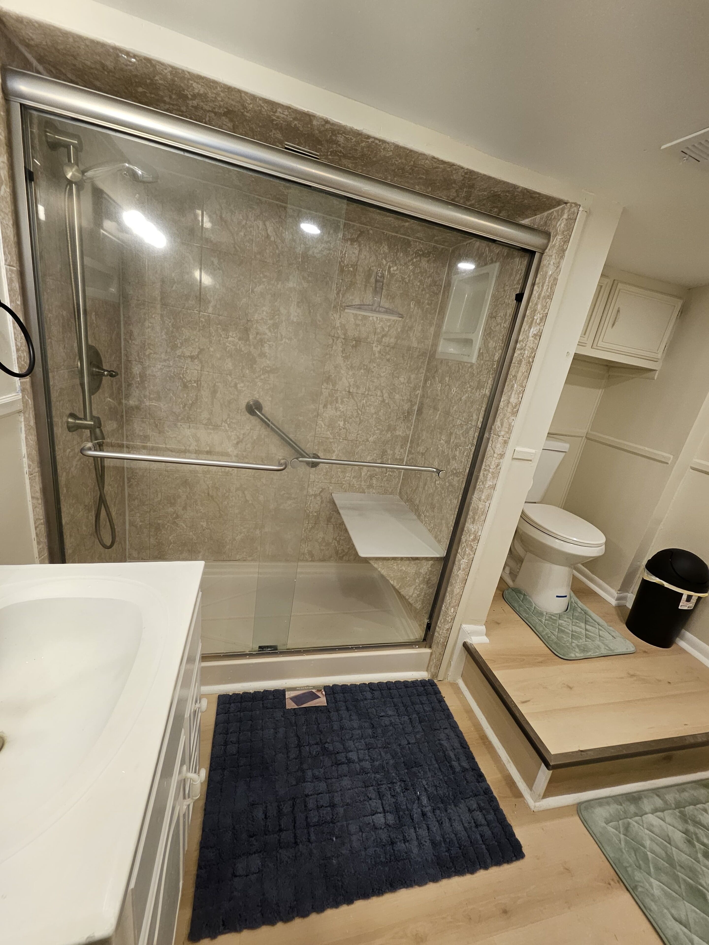 A modern bathroom with a glass-enclosed shower, a white toilet, and a black rug.