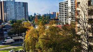 A cityscape with high-rise buildings, a mountain in the background, and autumn foliage. - Florida Metro Premium Studio + Parking + View (La Florida)