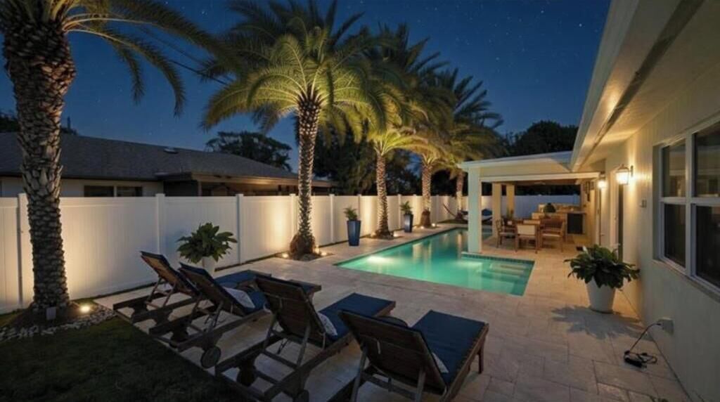 Un patio trasero con piscina, palmeras y mobiliario de exterior.