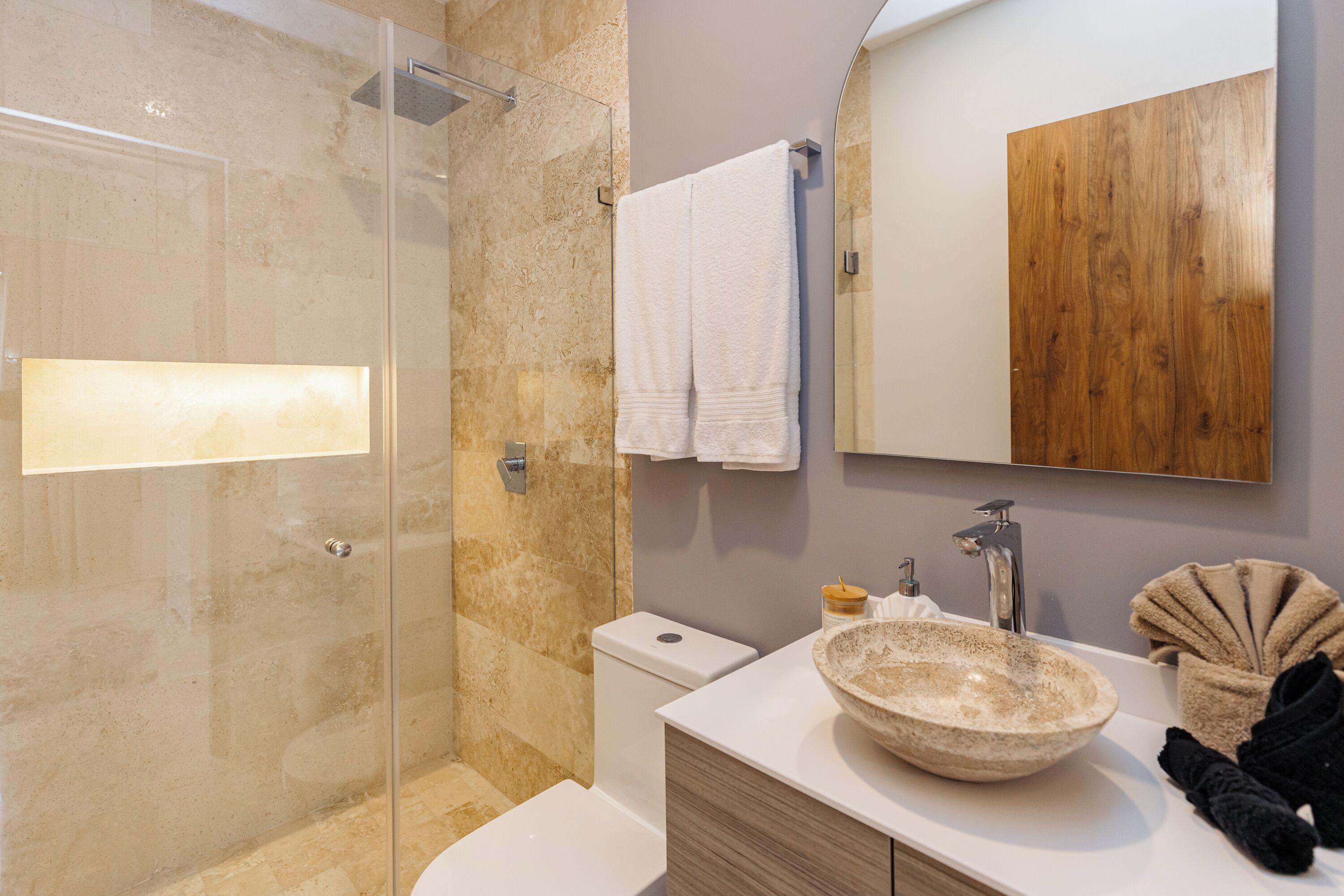 Hair dryer, towels, soap, toilet paper