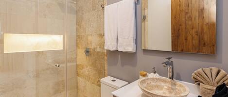 Hair dryer, towels, soap, toilet paper