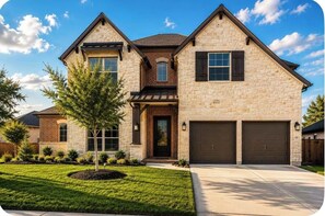 A two-story house with a stone facade, a front porch, and a garage with two doors. - Luxury Living  (Pattison)