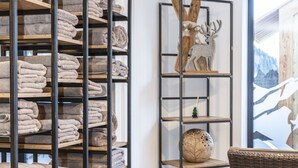 A room with a large window, a wicker chair, a shelf with folded towels, and a decorative deer sculpture. - Dreamy apartment right by the slope (Hinterglemm)