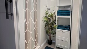 Ein Badezimmer mit Dusche, einer Zimmerpflanze, einem Handtuchhalter und einem kleinen Fenster.