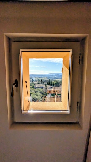 A skylight window with a view of a rural landscape, including trees and distant hills.