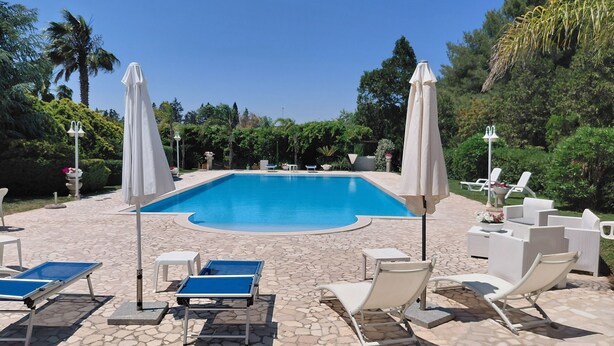 Piscina con sillas de descanso y sombrillas, rodeada de follaje.
